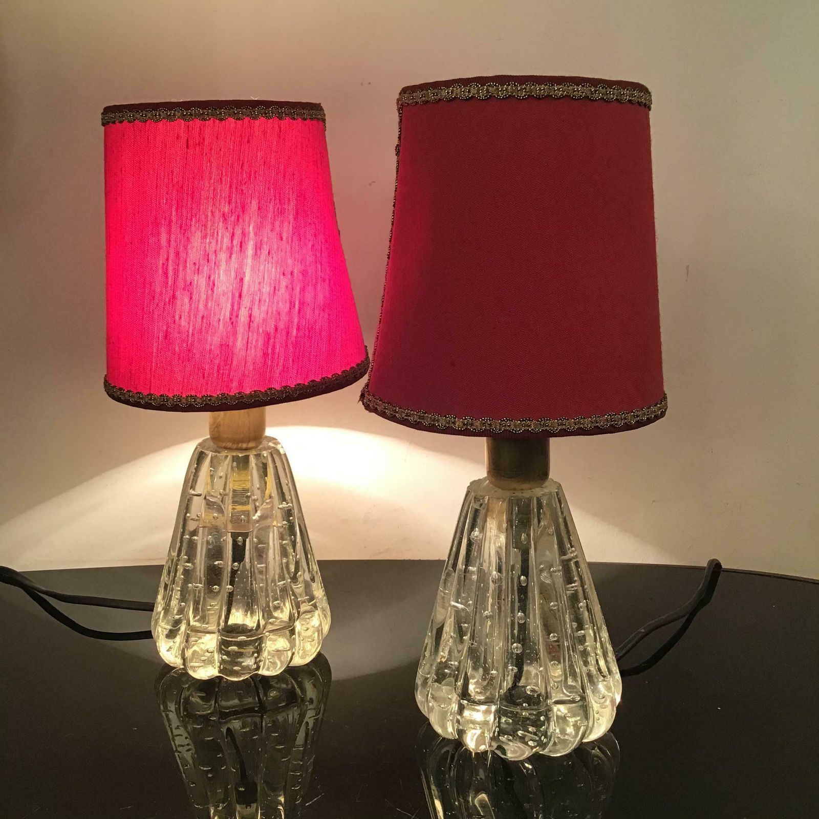 Barovier E Toso Table Lamps Murano Glass Brass Fabric Lampshade 1940 Italy photo vintage