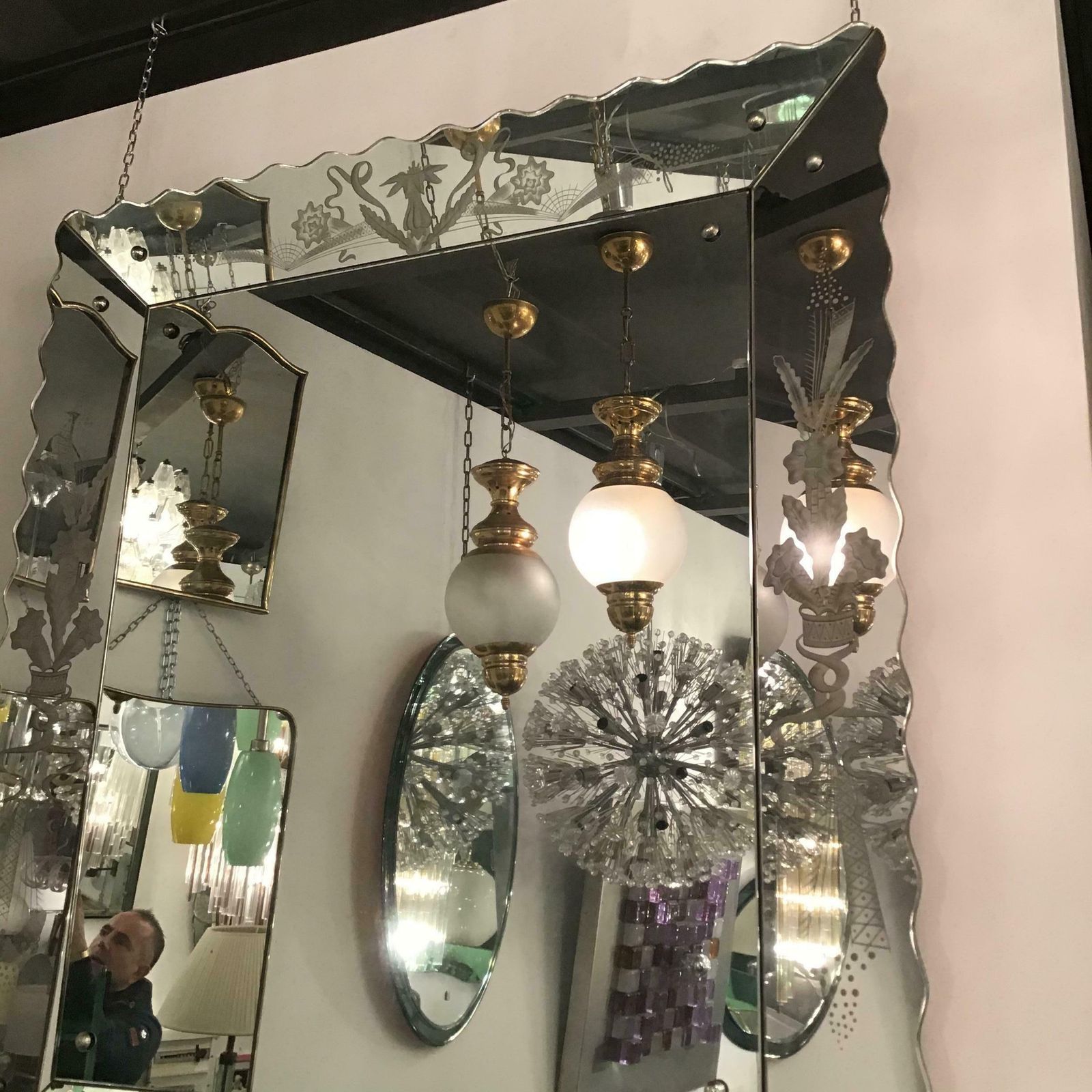 2170.0 Azucena Luigi Caccia Dominioni Couple Chandelier Brass Glass 1950 Italy photo