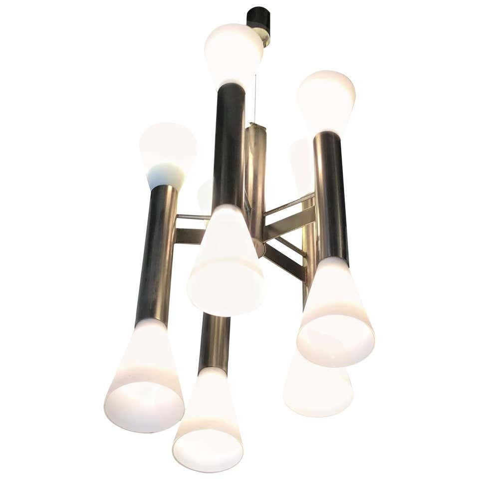 Angelo Leliichandelier Chromed Brass With Opaline Glass, 1950