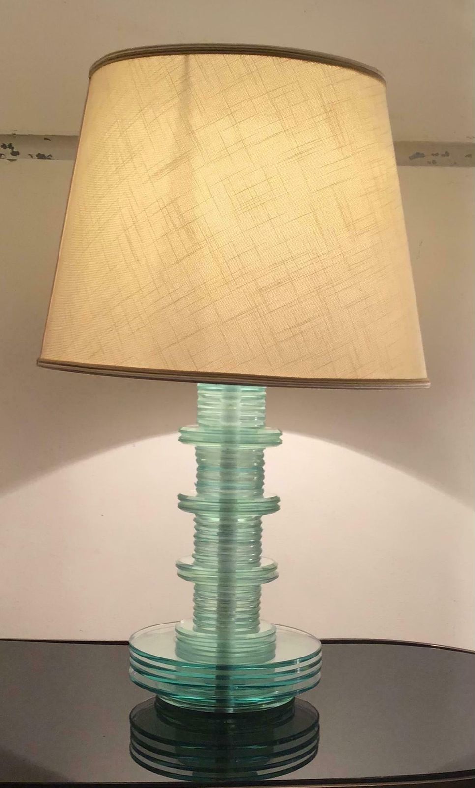 Cristal Art Table Lamp Glass Iron Fabric Lampshade, 1960, Italy photo for sale