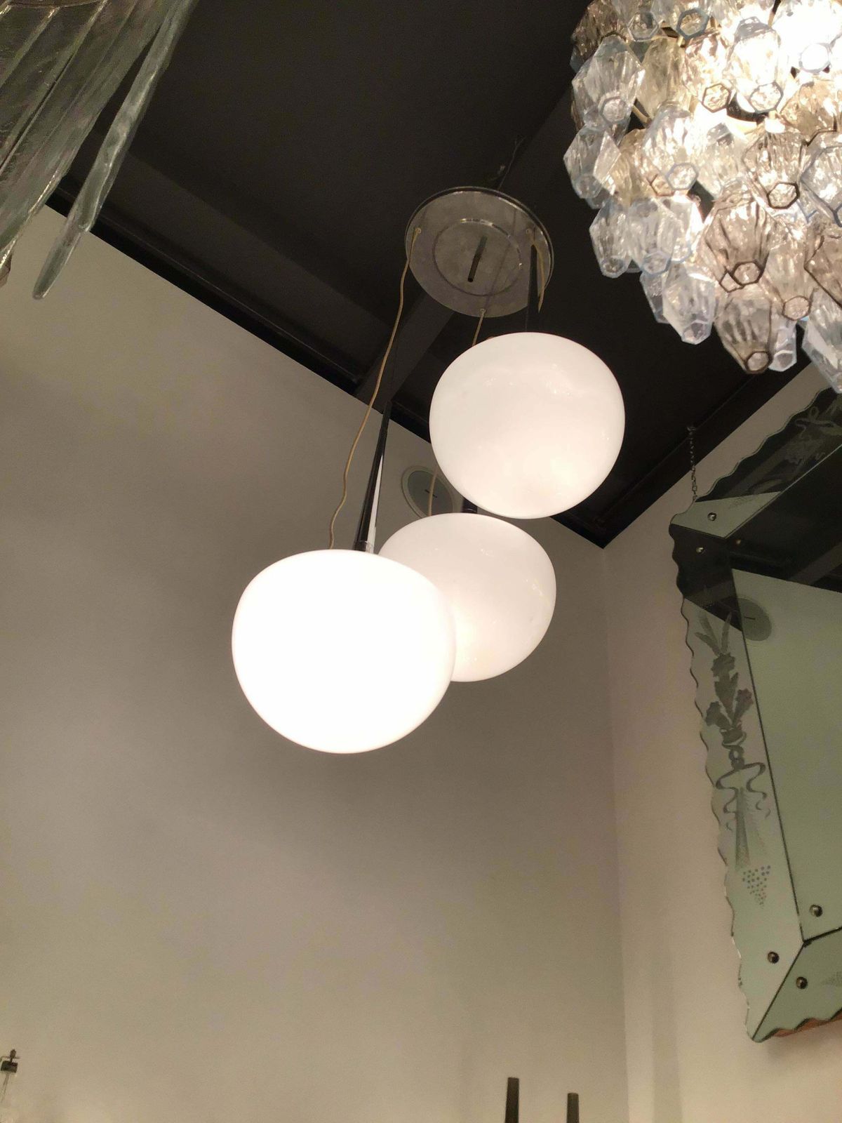 Reggiani Chandelier Chrome Metal Opal Glass Italia 1970 photo Lighting