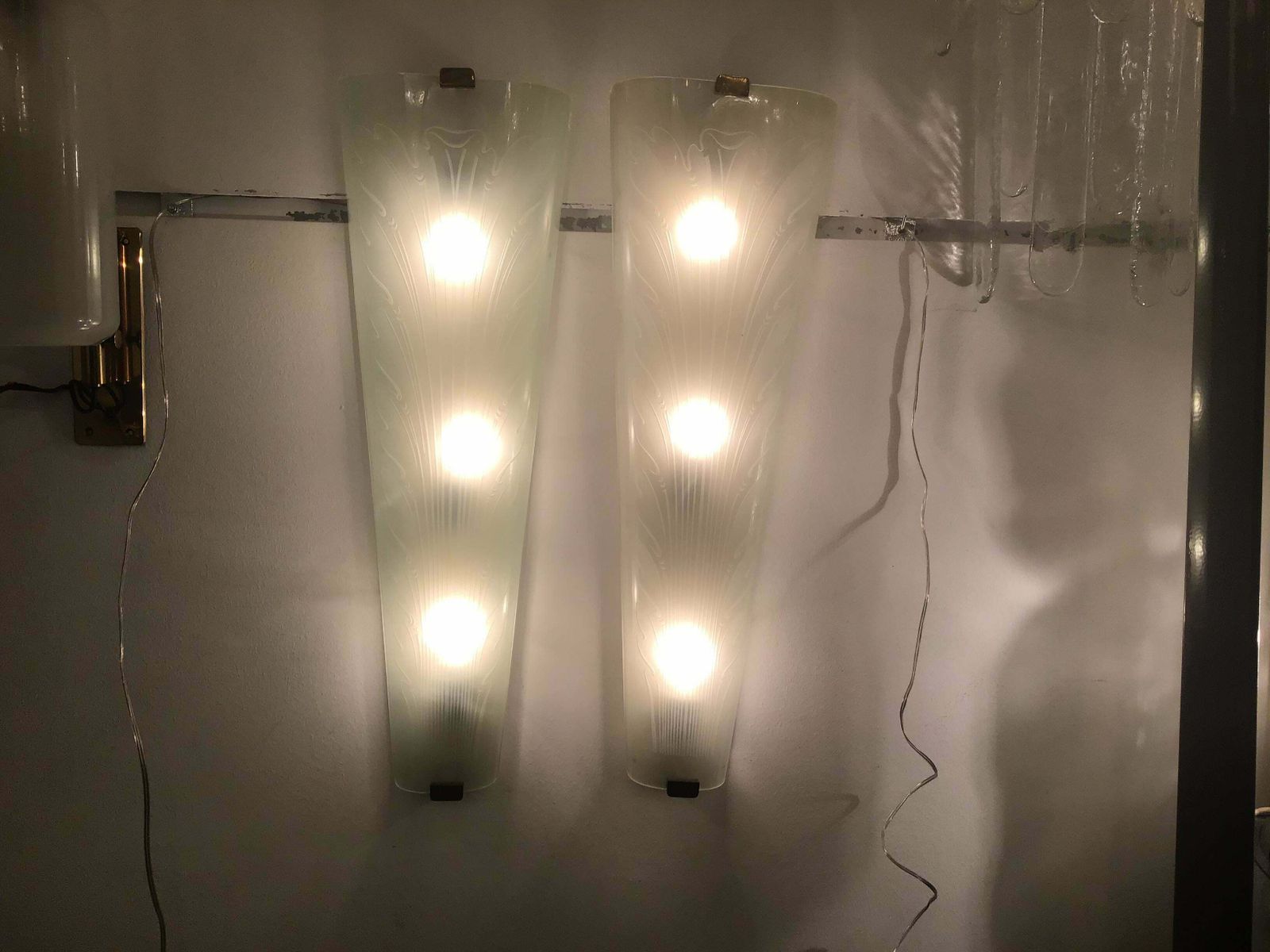 Fontana Arte “Him And Her” Sconces Glass Brass Metal Wood, 1930, Italy photo for sale