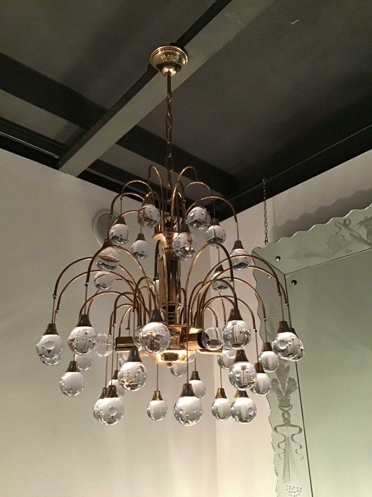 Sciolari Chandelier 6 Lights Brass Glass, 1955, Italy photo vintage