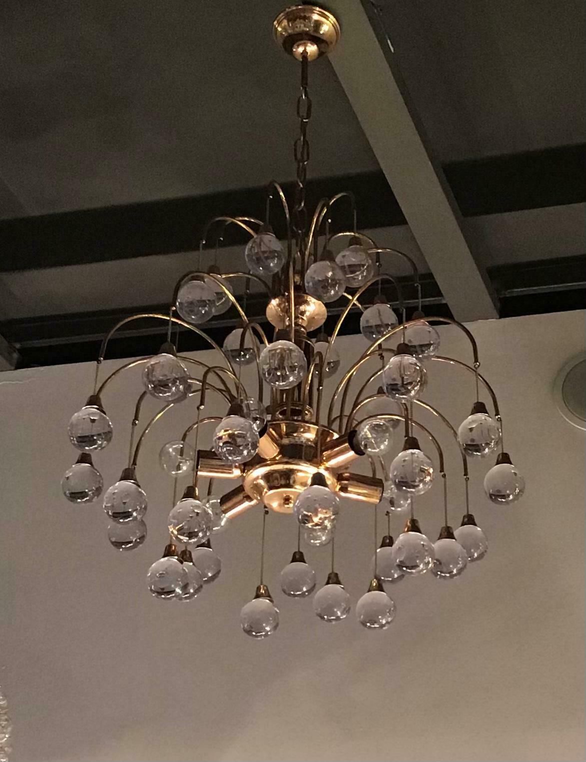 photo for sale Sciolari Chandelier 6 Lights Brass Glass, 1955, Italy