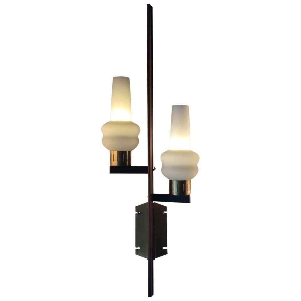 Stilnovo Style Sconces Iron Brass Wood Opaline Glass, 1950, Italy