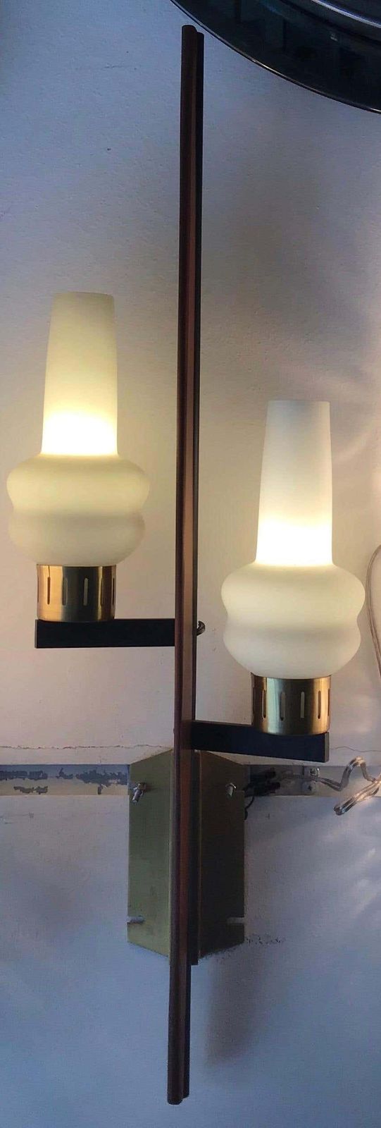 Stilnovo Style Sconces Iron Brass Wood Opaline Glass, 1950, Italy photo buy