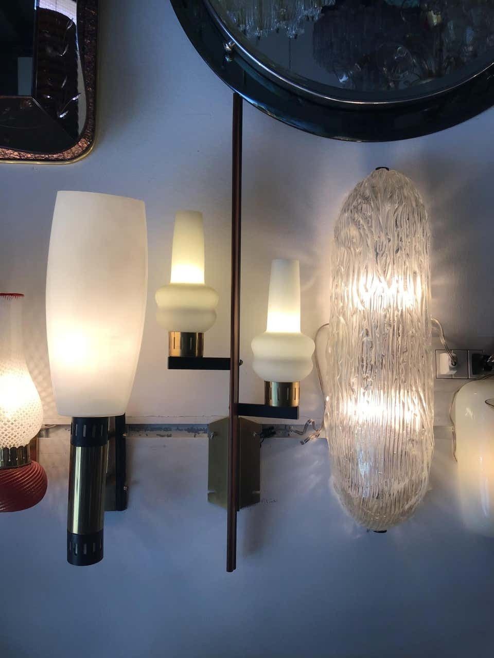 photo buy Stilnovo Style Sconces Iron Brass Wood Opaline Glass, 1950, Italy
