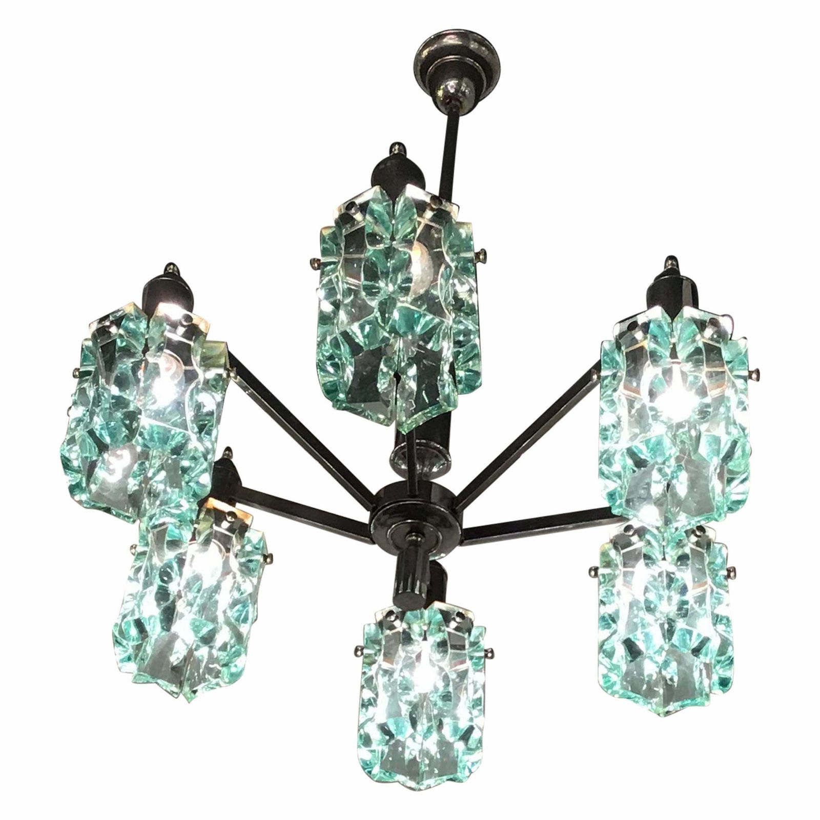 Cristal Arte Chandelier Glass Metal Crome 1950 Italy