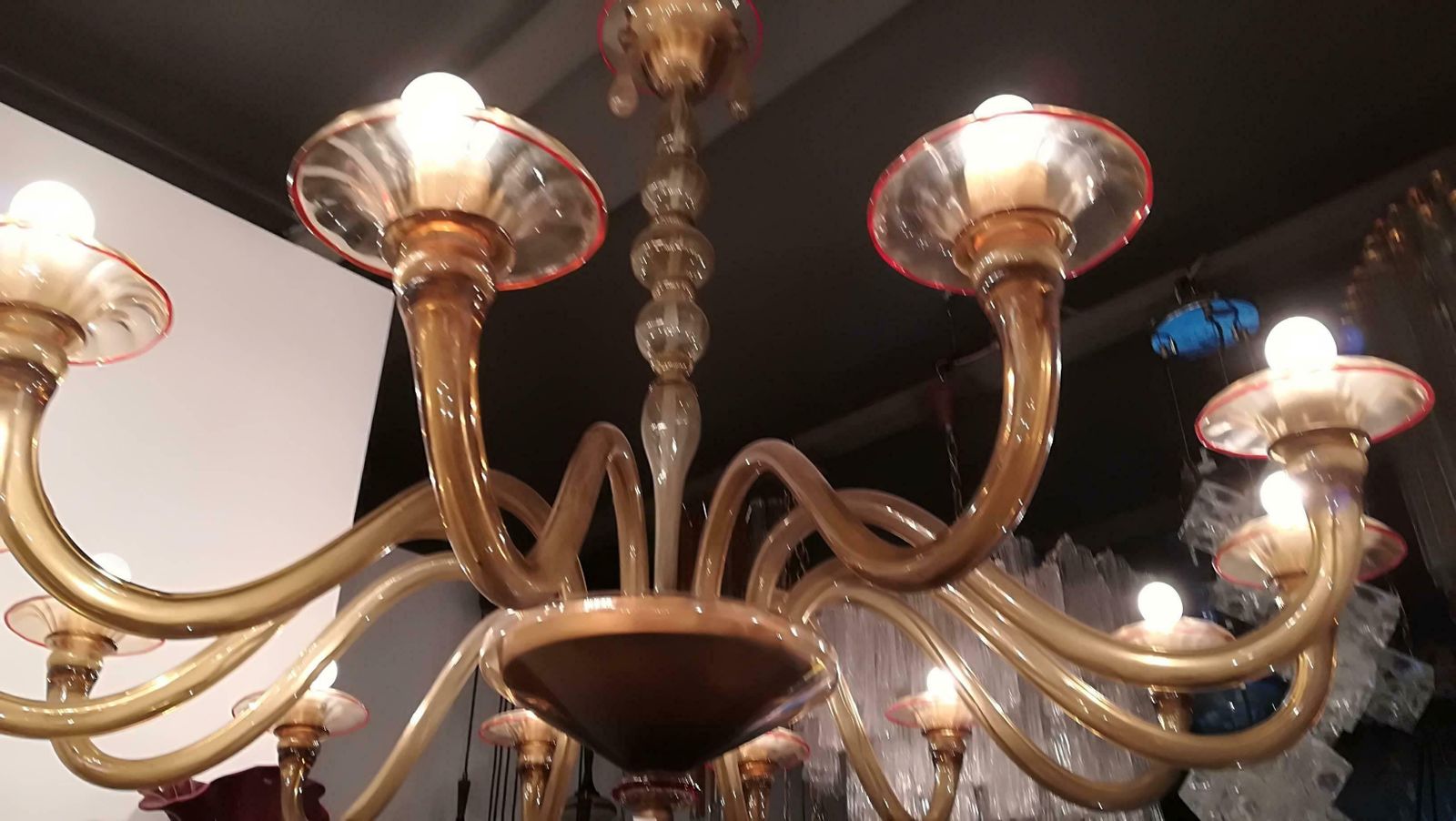 Chandelier Murano 12 Lights 1940, Colour Ambra Red Profiles, Round Shape, Glass photo 18082.0