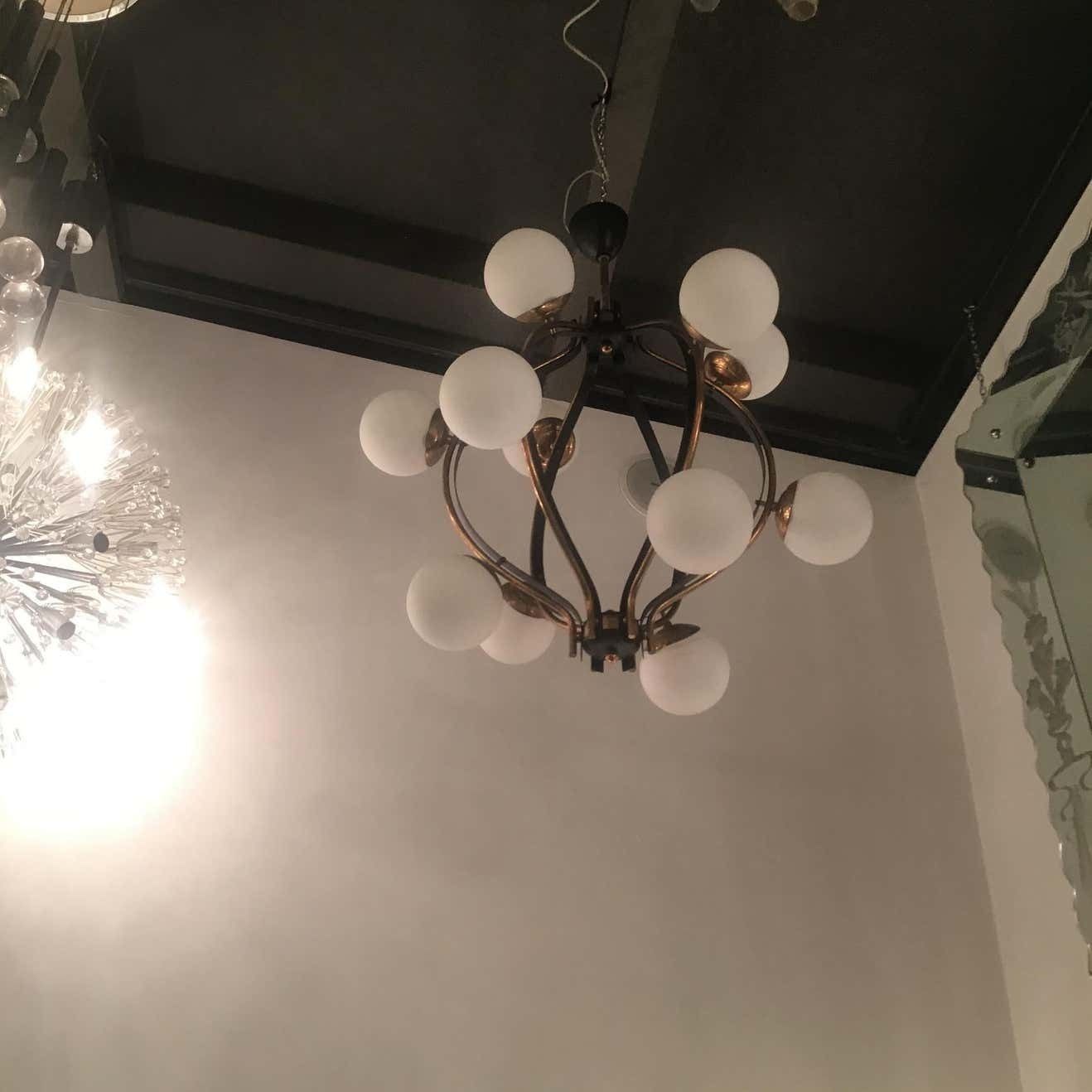 photo furniture Couple Chandeliers Stilnovo 1955 Brass Glass Iron Italy