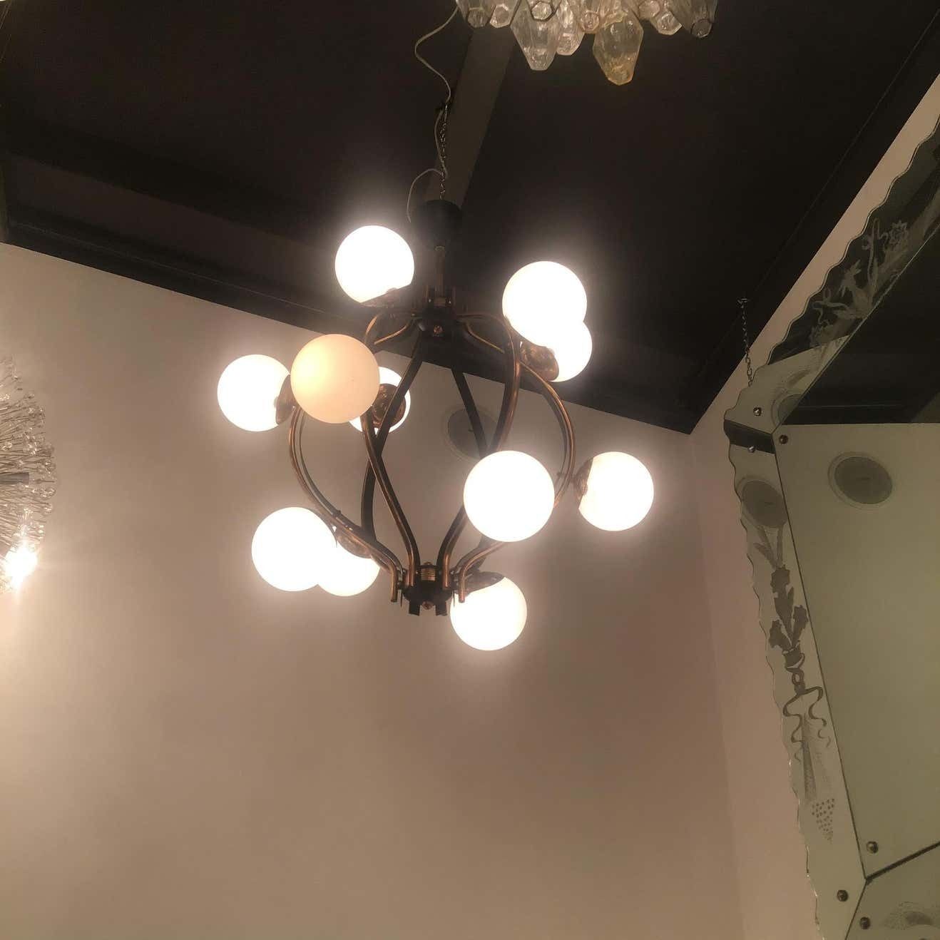photo buy Couple Chandeliers Stilnovo 1955 Brass Glass Iron Italy
