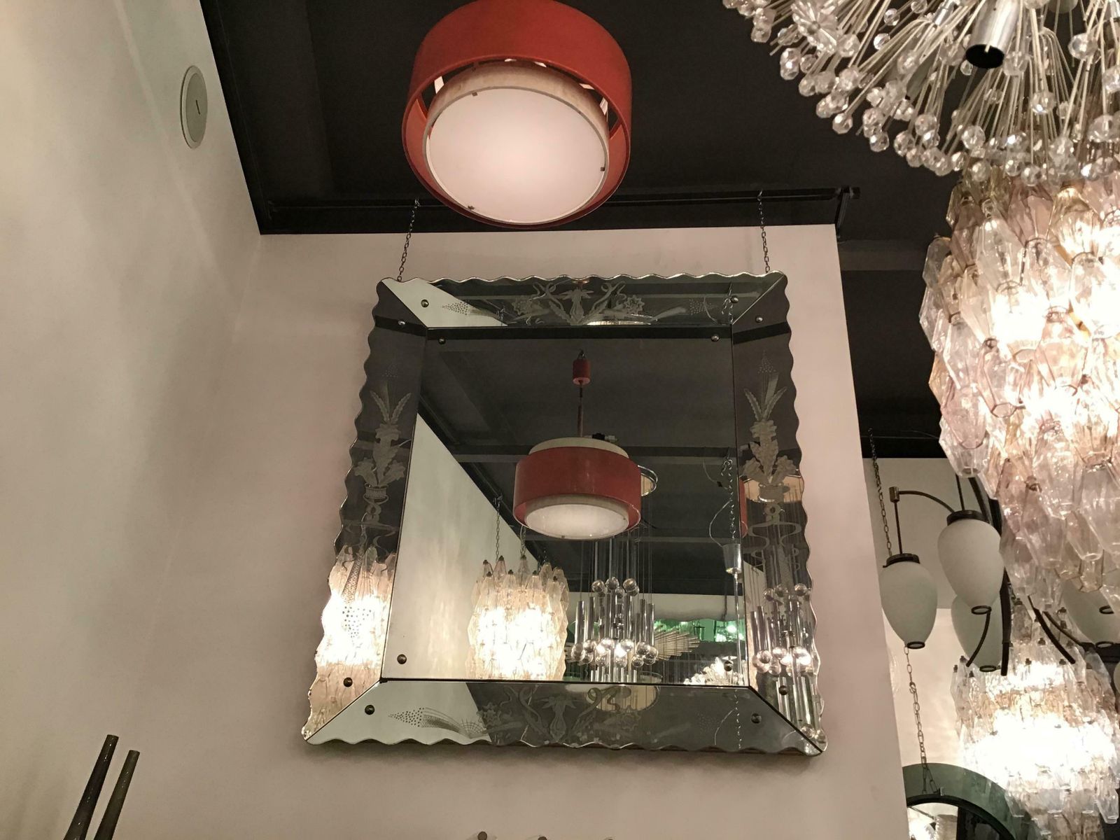 Stilnovo Chandelier Painted Metal Glass, 1955, Italy photo Lighting
