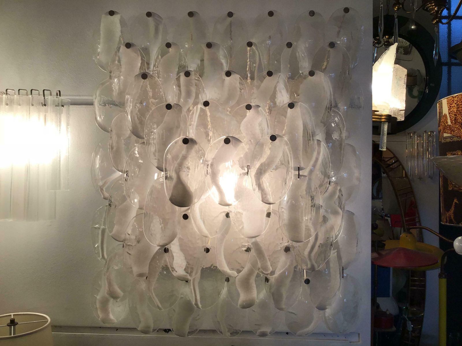 Mazzega Wall Light 1960, Murano Glass Iridescent White Transparent And Metal photo for sale
