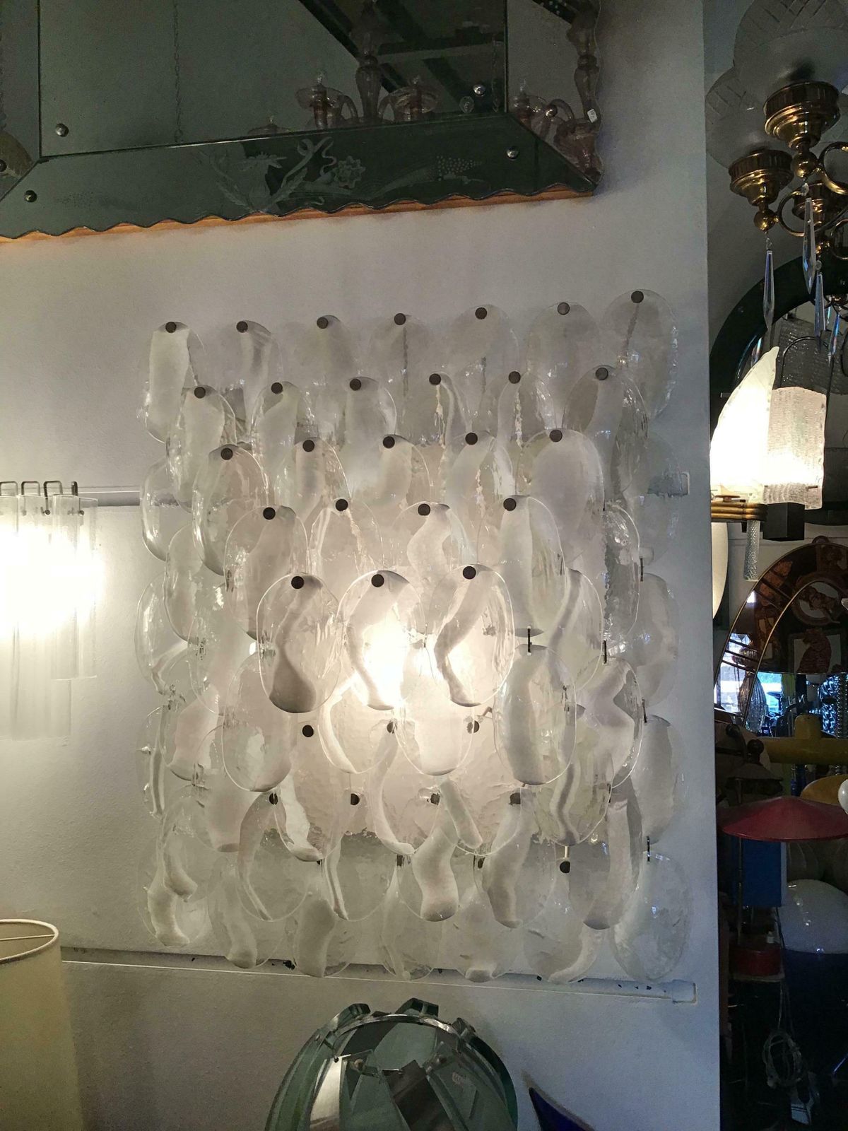 photo furniture Mazzega Wall Light 1960, Murano Glass Iridescent White Transparent And Metal