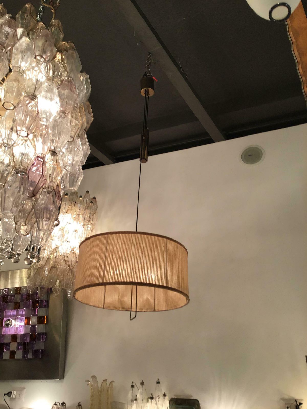 Stilnovo Style Chandelier Adjustable Latch, Brass Fabric Lampshade, 1950, Italy photo buy