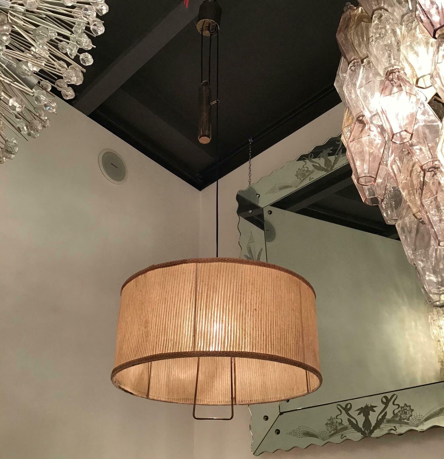 Stilnovo Style Chandelier Adjustable Latch, Brass Fabric Lampshade, 1950, Italy photo vintage