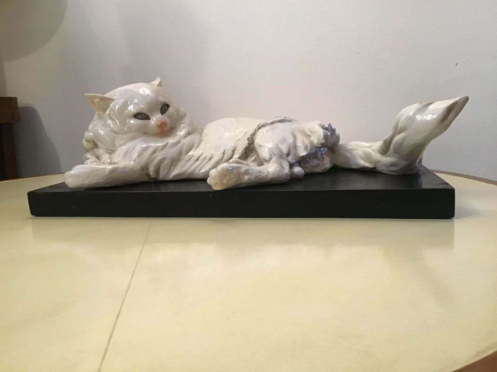 Guido Cacciapuoti Ceramic Cat Base Black Lacquered Wood 1940 photo for sale