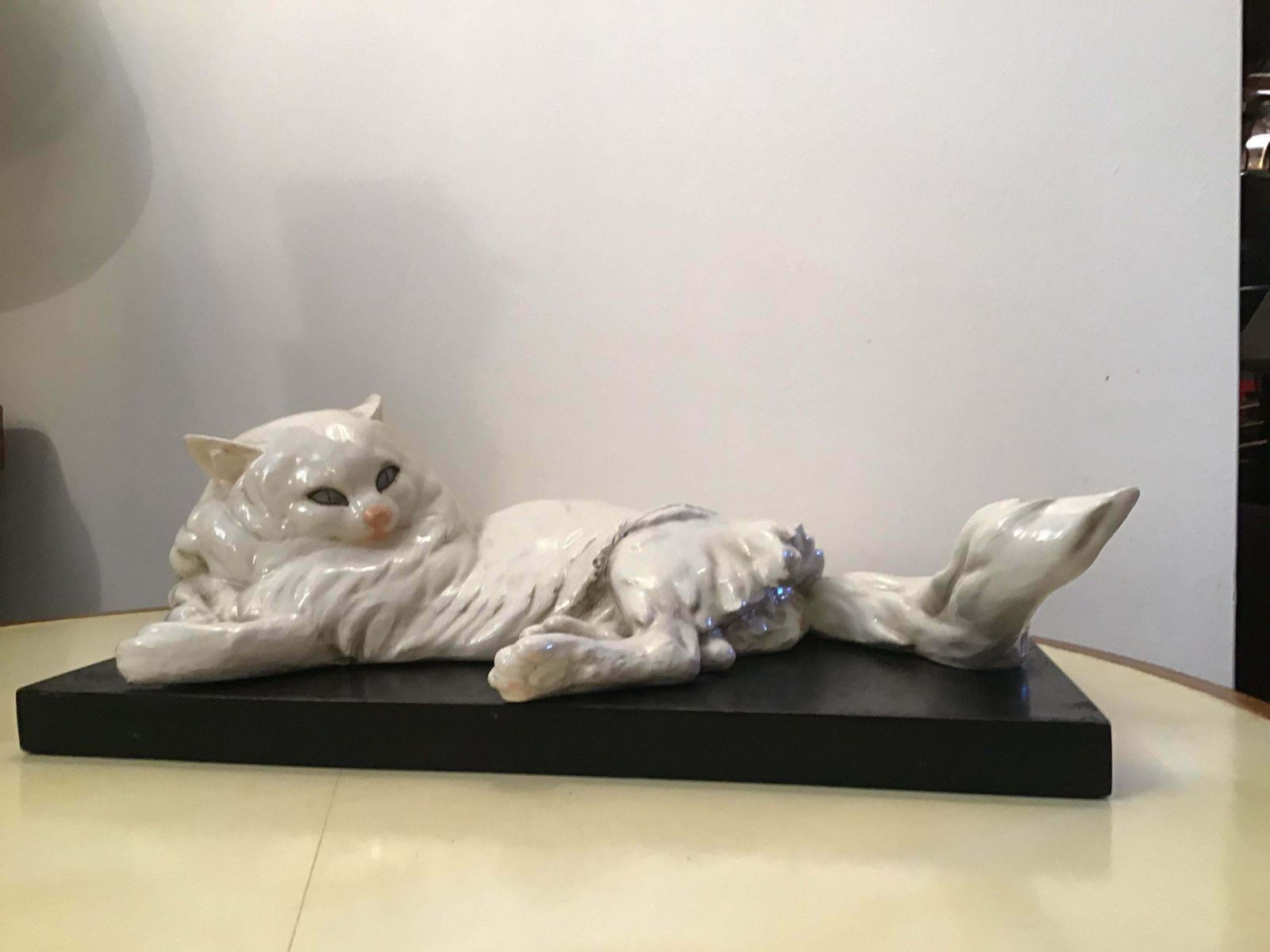 Guido Cacciapuoti Ceramic Cat Base Black Lacquered Wood 1940 photo Art