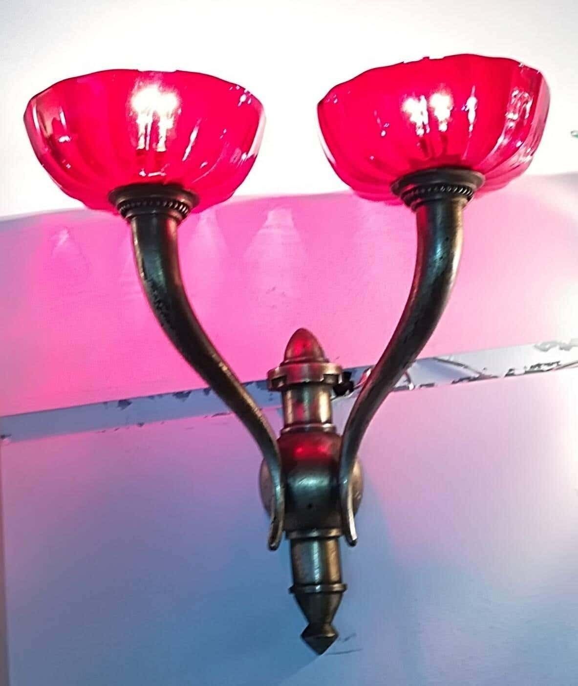 Pair Of Venini Brass And Red Murano Glass Italian Sconses 1930 photo furniture