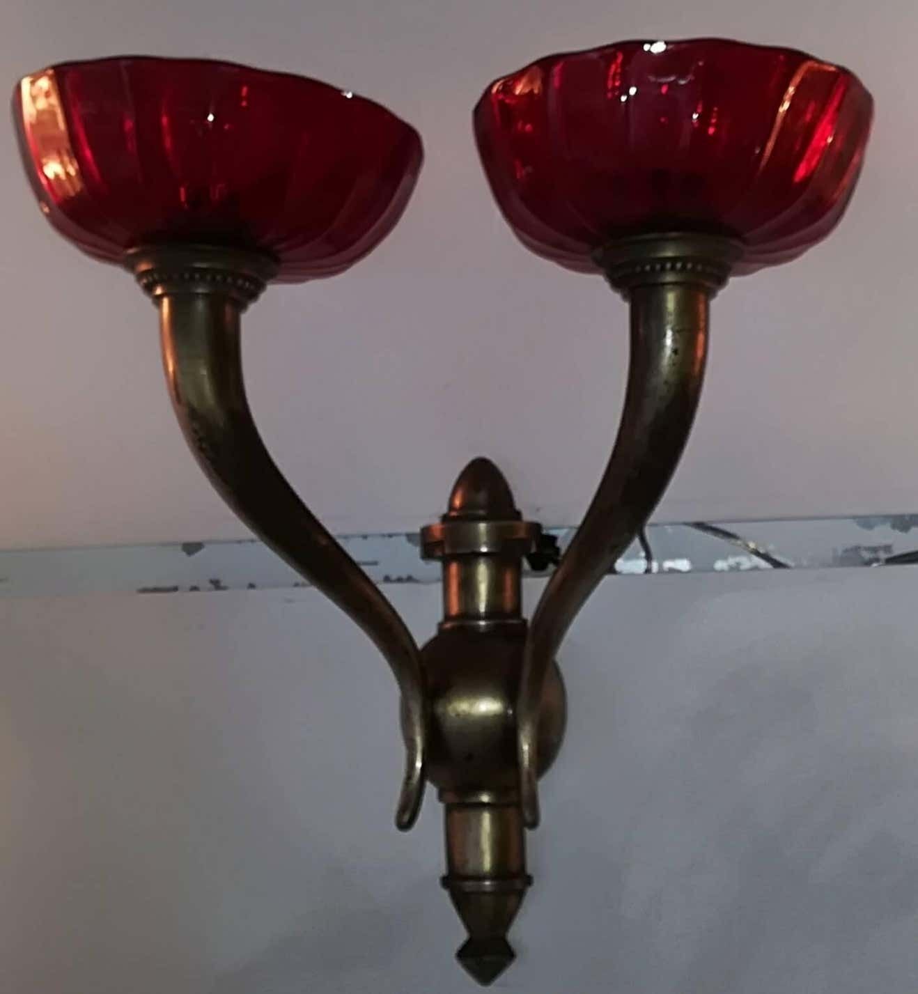 Pair Of Venini Brass And Red Murano Glass Italian Sconses 1930 photo for sale