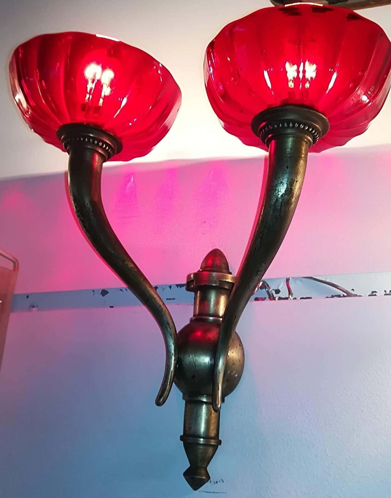 Pair Of Venini Brass And Red Murano Glass Italian Sconses 1930 photo vinterior