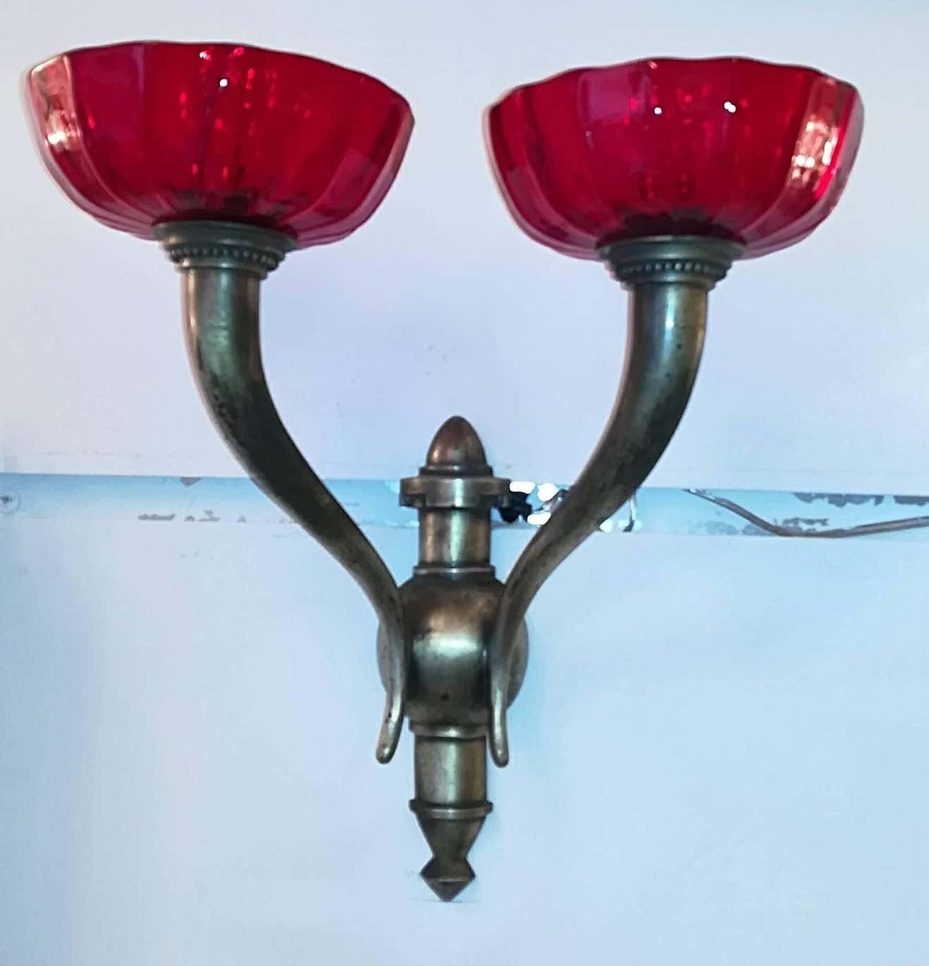 Pair Of Venini Brass And Red Murano Glass Italian Sconses 1930 photo buy