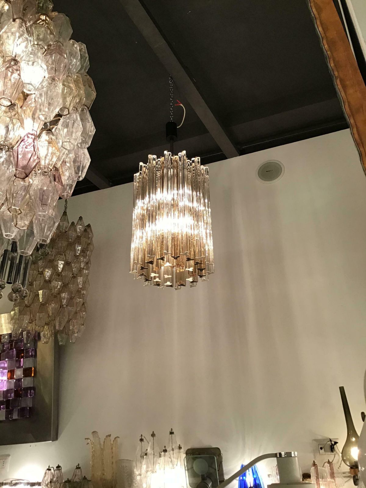 Venini Chandelier “Triedi” Murano Glass Metal Crome Iron, 1960, Italy photo for sale