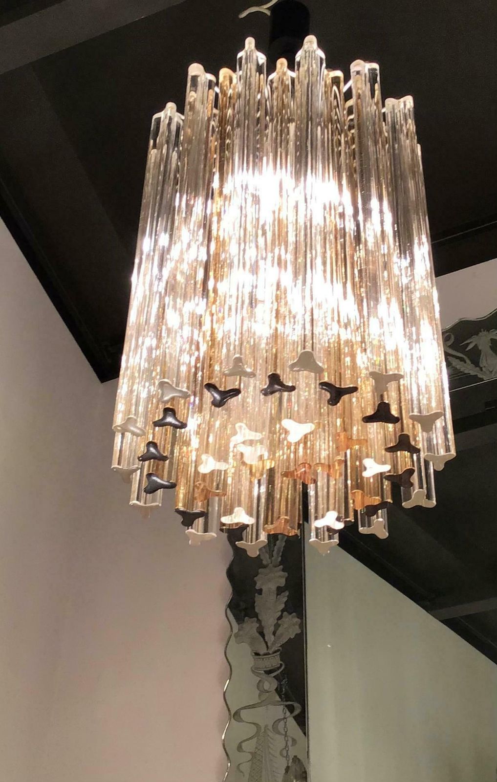 photo furniture Venini Chandelier “Triedi” Murano Glass Metal Crome Iron, 1960, Italy