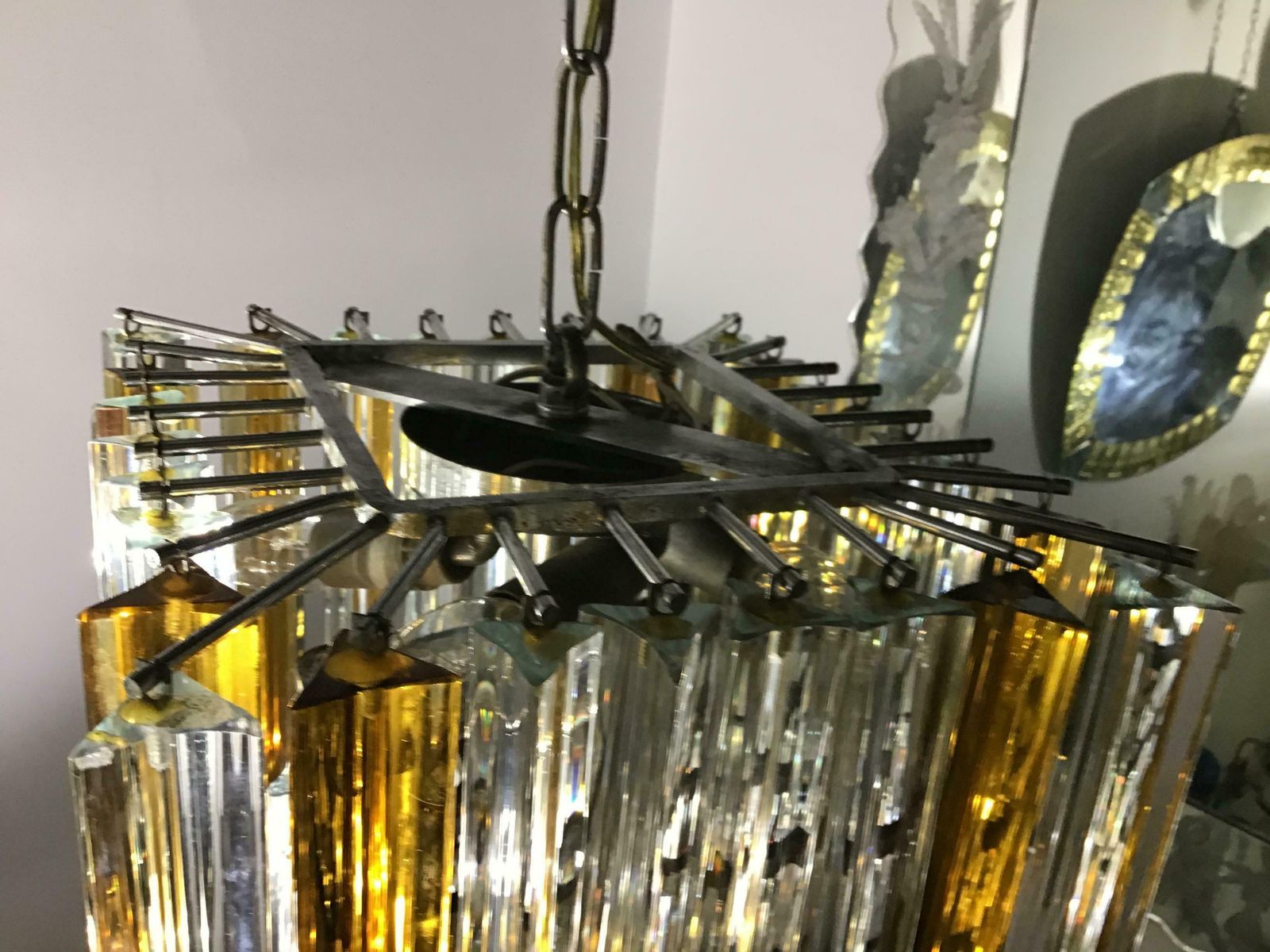 Venini Triedi White Gold Yellow Murano Glass Brass Chandelier, Italian, 1960 photo furniture