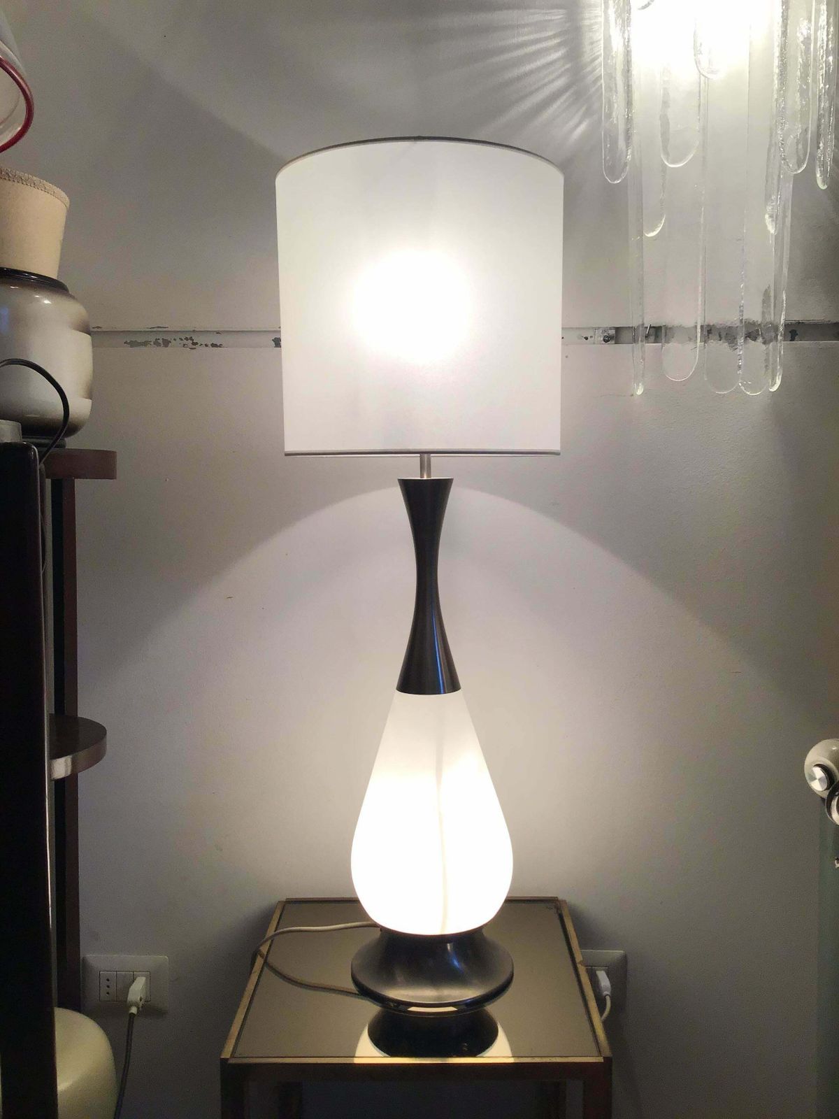 photo furniture Stilnovo Style Table Lamp Metal Crome Opaline Glass Parchment Lampshade, 1960