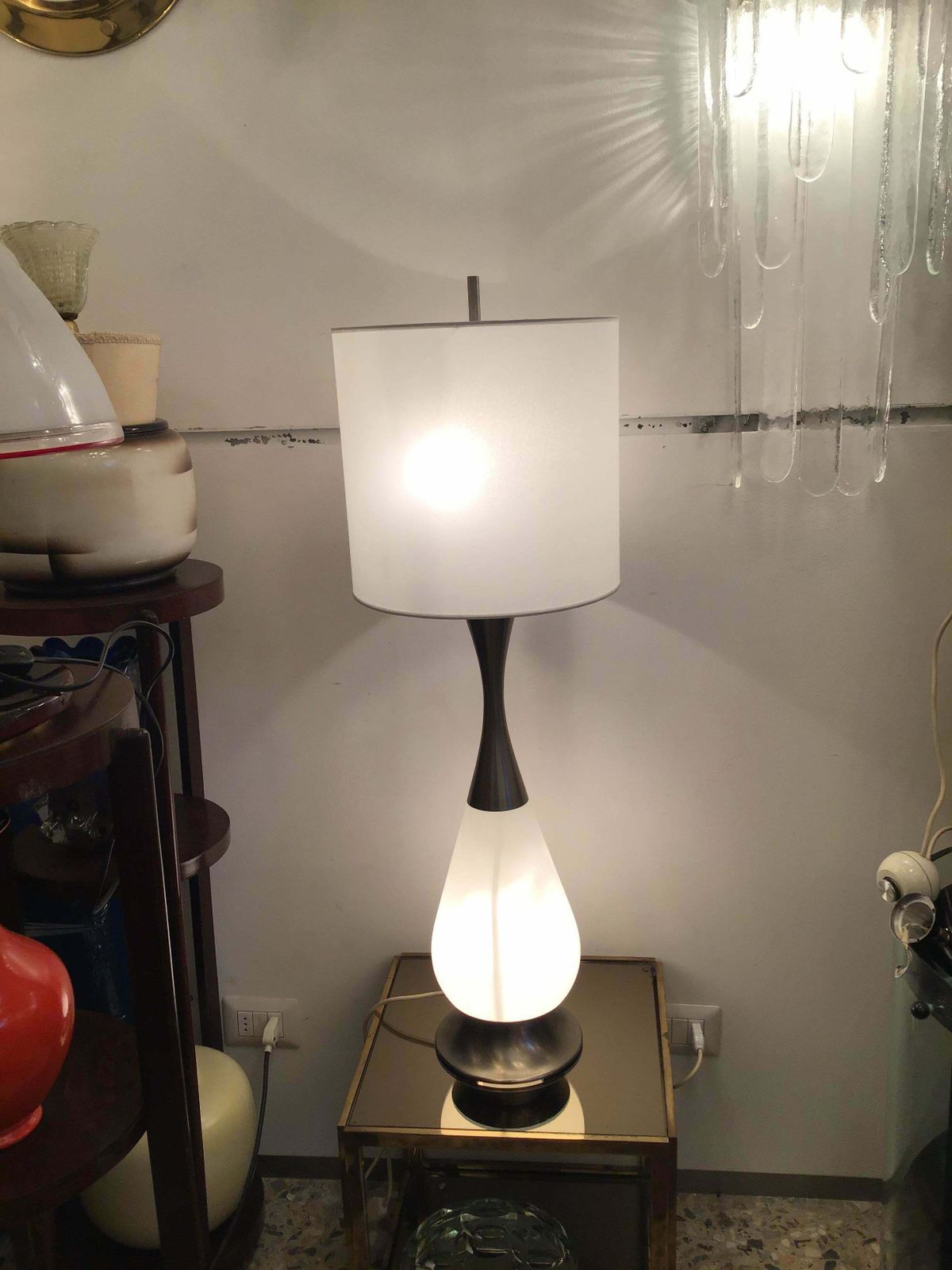 Lighting Stilnovo Style Table Lamp Metal Crome Opaline Glass Parchment Lampshade, 1960 photo