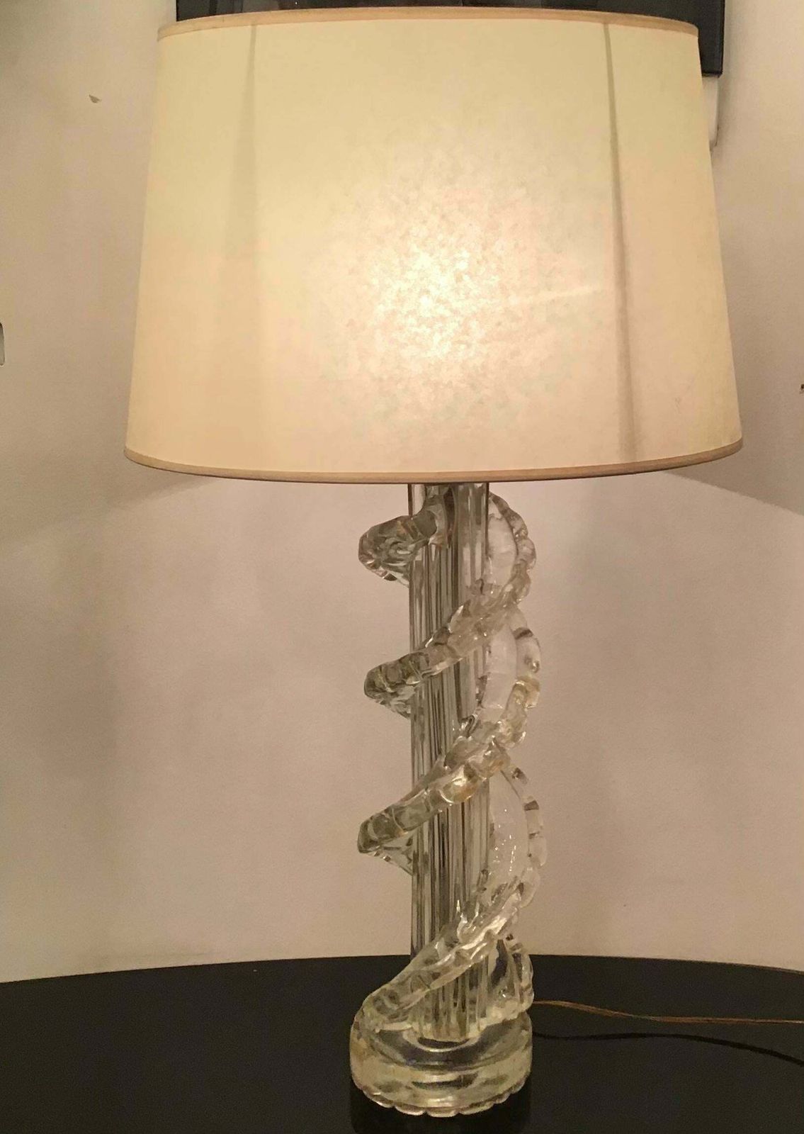 Ercole Barovier Table Lamp Murano Glass Brass Parchment Lampshade 1940 Italy photo vinterior