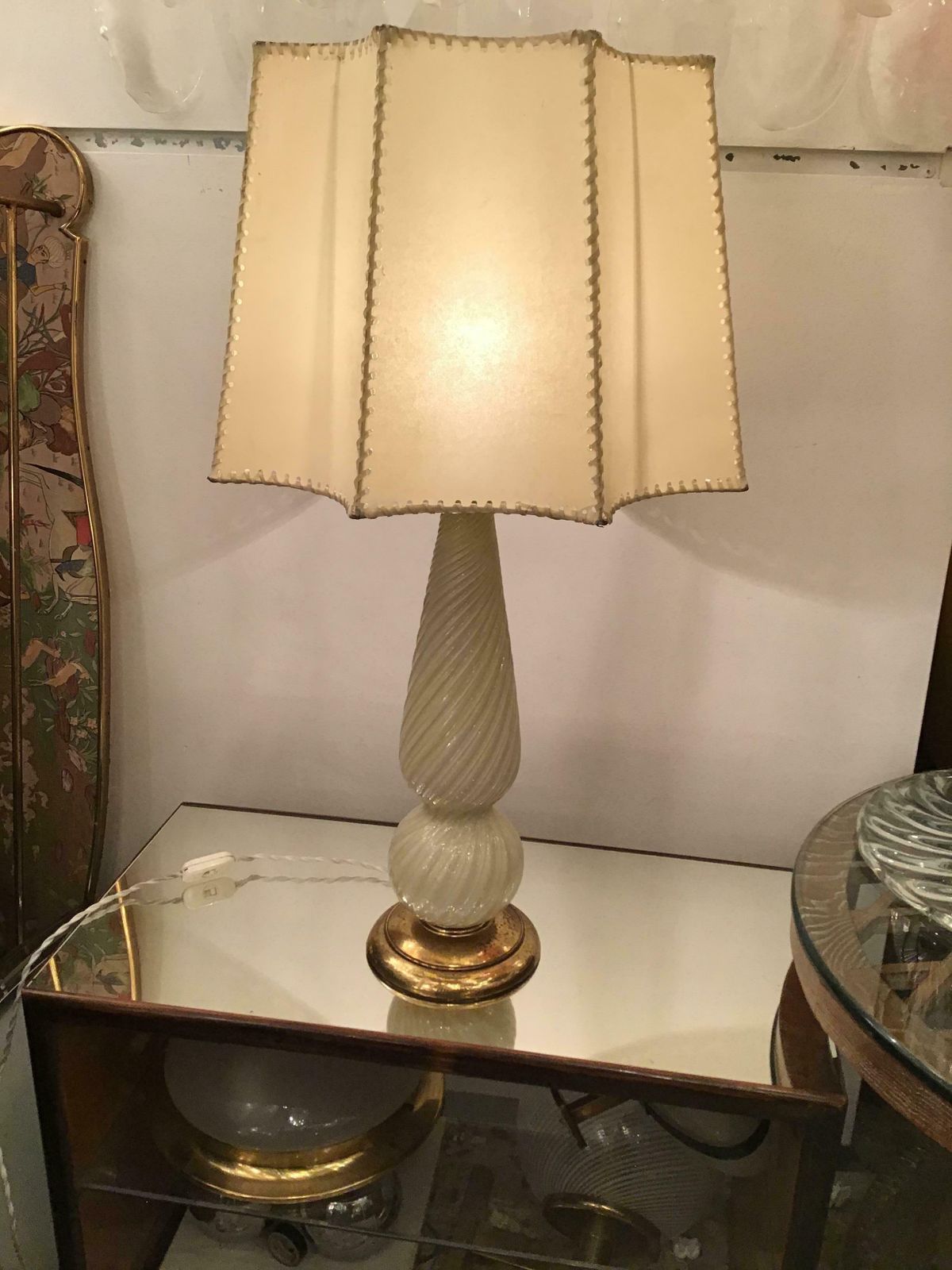 Seguso Table Lamp Murano Glass Brass Lampshade, 1940, Italy photo Lighting