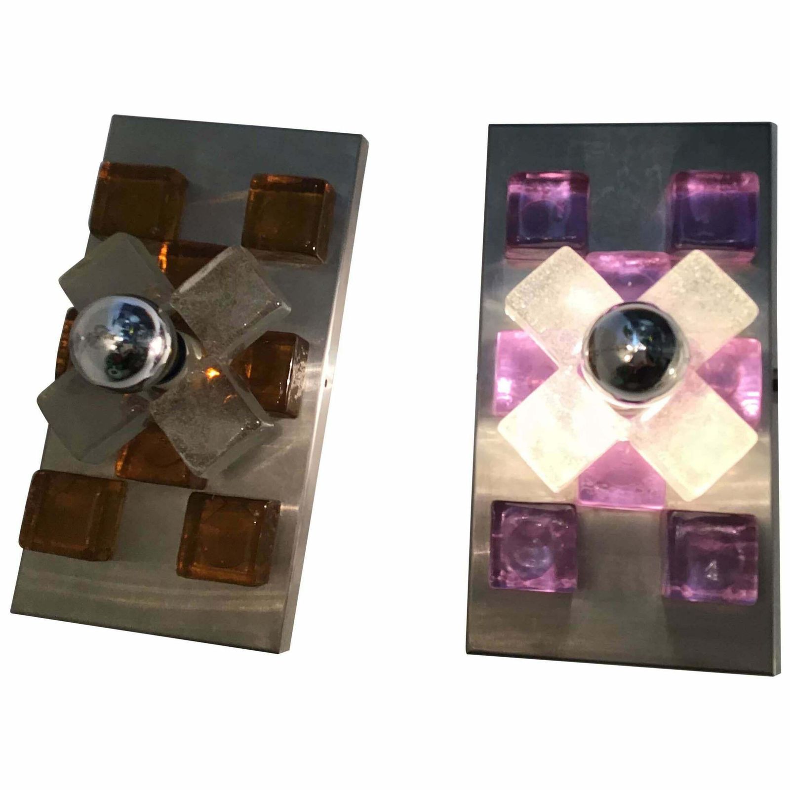 Poliarte Couple Sconces Murano Glass In Gold And Lilac Chrome Plated Brass, 1960