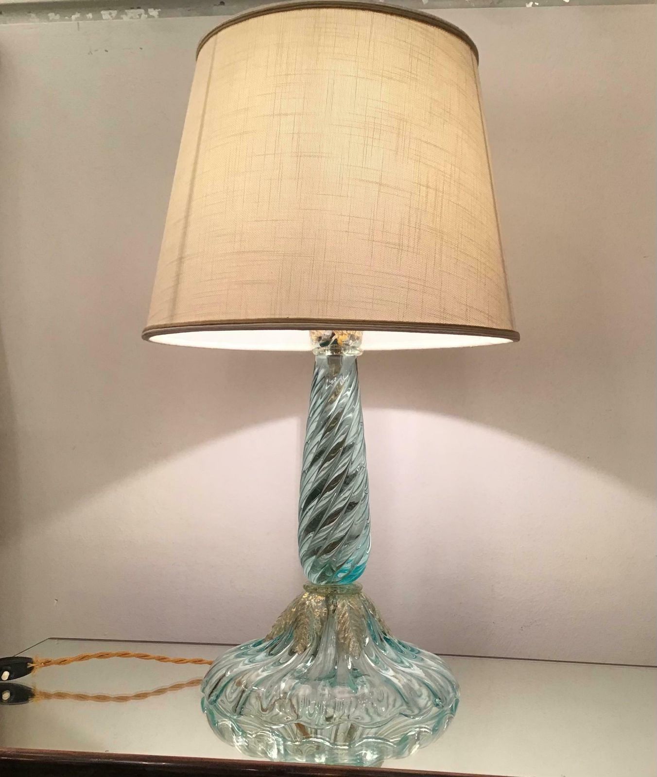 Seguso Table Lamp Murano Glass Fabric Lampshade, 1940, Italy photo for sale