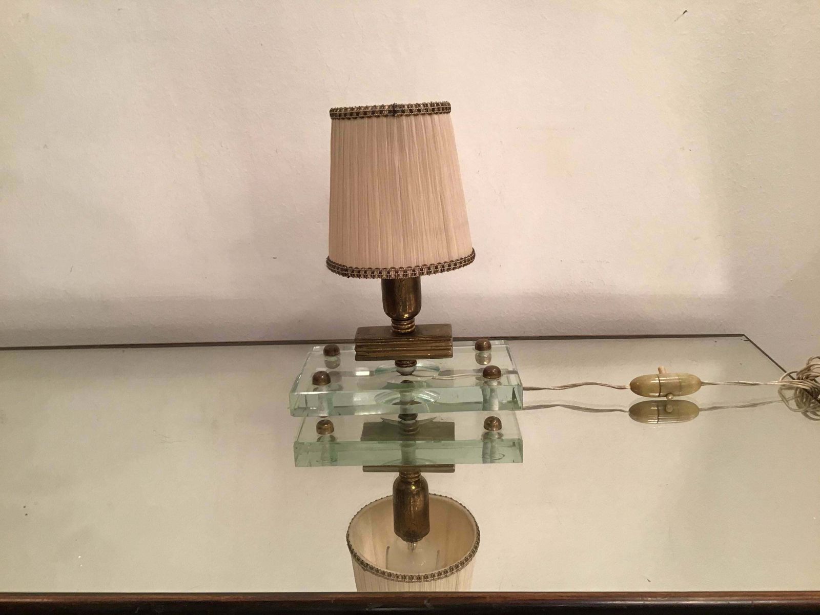 Fontana Arte Table Lamp Glass Brass Fabric Lampshade, 1950, Italy photo Lighting