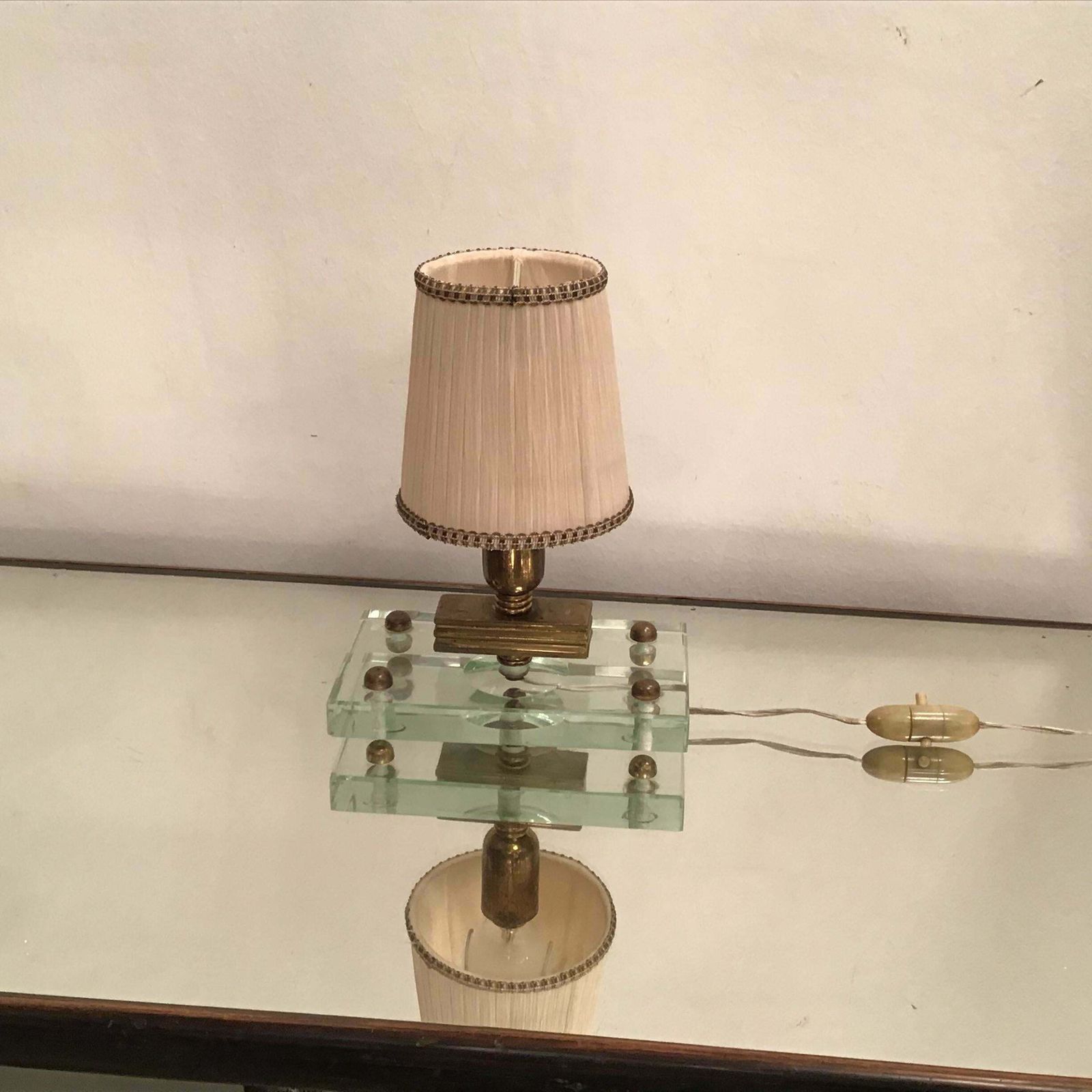 Fontana Arte Table Lamp Glass Brass Fabric Lampshade, 1950, Italy photo vintage