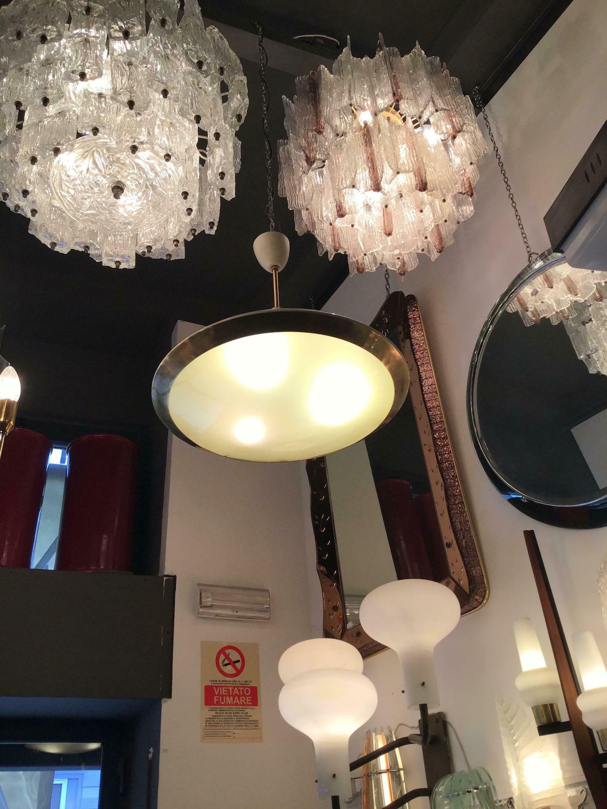 photo vinterior Stilnovo Chandelier Disco Volante Glass Brass 1950 Italy