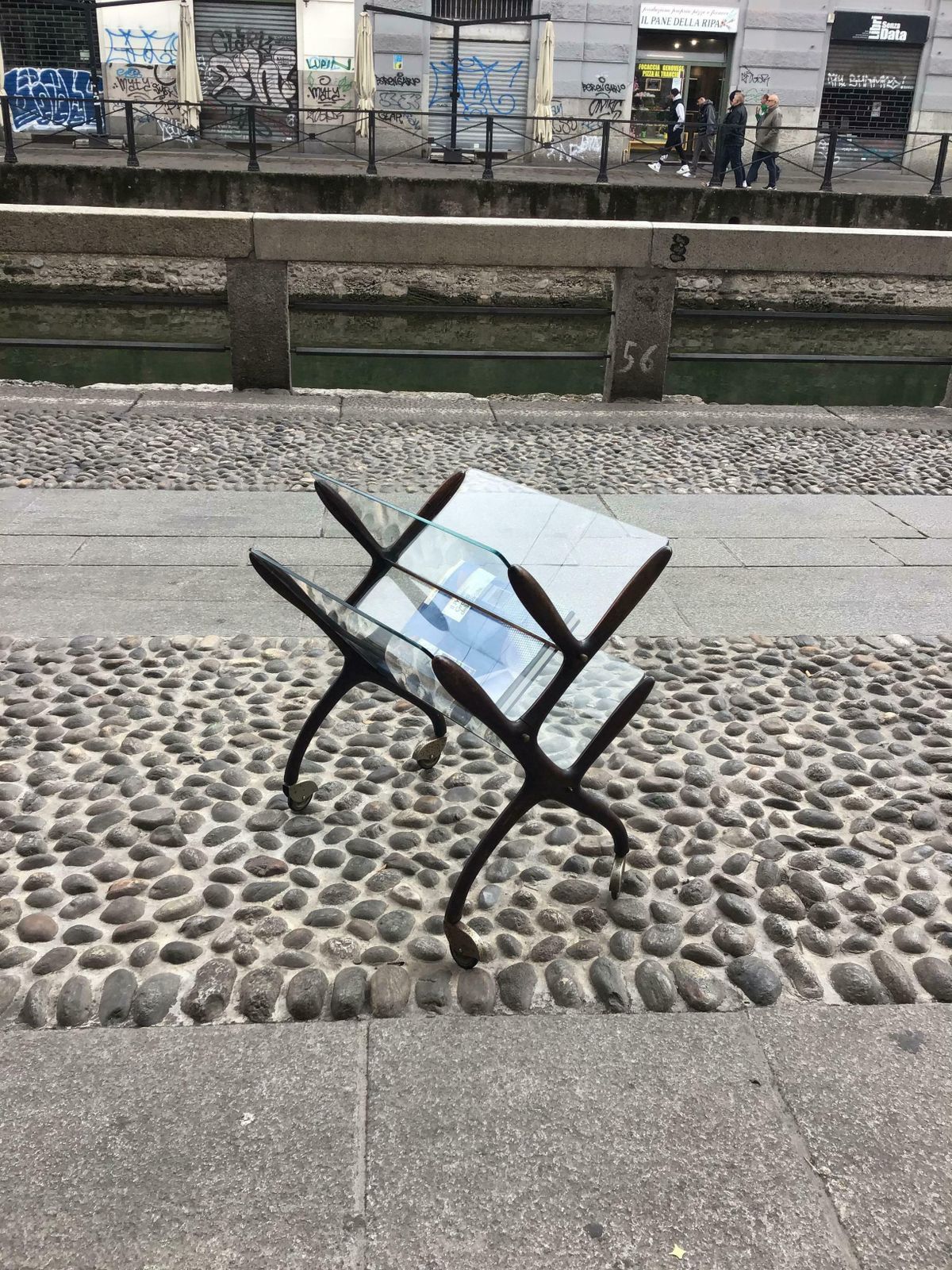 photo vinterior Ico Parisi Magazine Rack Wood Glass Brass 1950 Italy