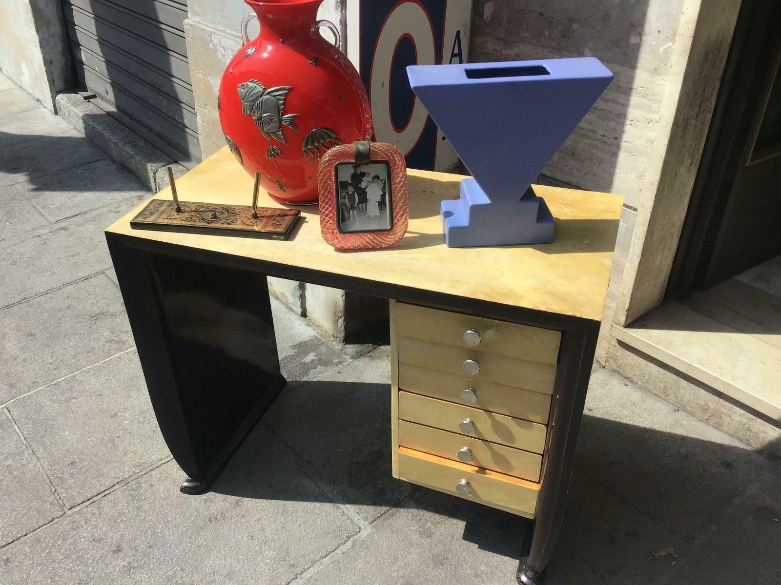 photo furniture Osvaldo Borsani Wooden Desk Covered With Parchment Steel Handles 1940 Italy