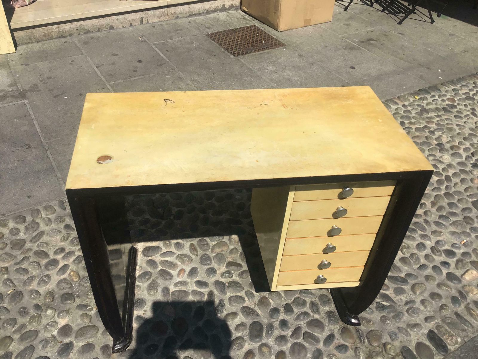 photo for sale Osvaldo Borsani Wooden Desk Covered With Parchment Steel Handles 1940 Italy