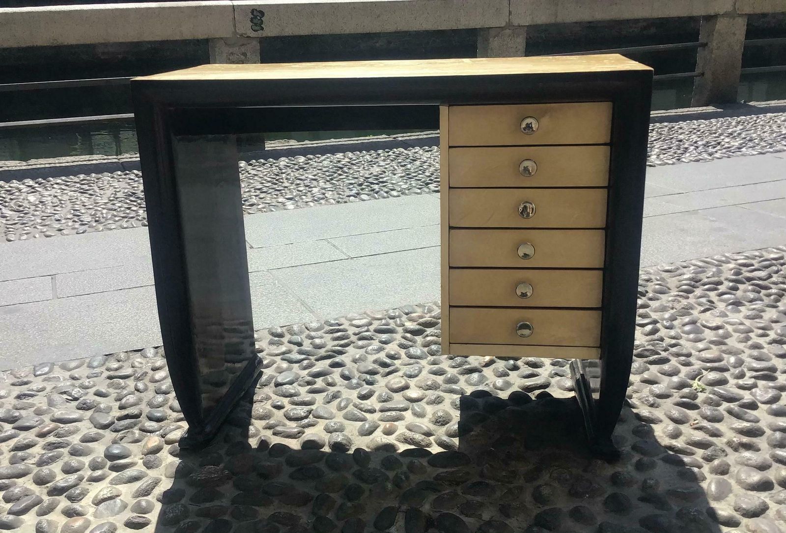 photo buy Osvaldo Borsani Wooden Desk Covered With Parchment Steel Handles 1940 Italy