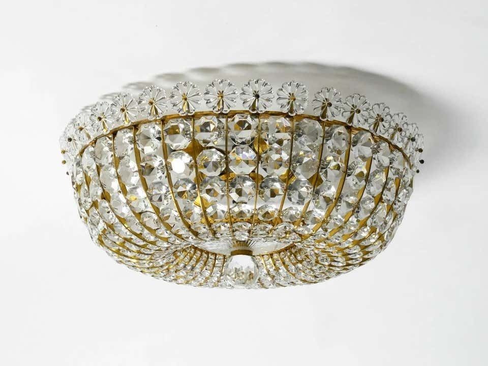 Midcentury Ceiling Lamp With Glass Stones Brass Frame Vereinigten Werkstätten photo for sale