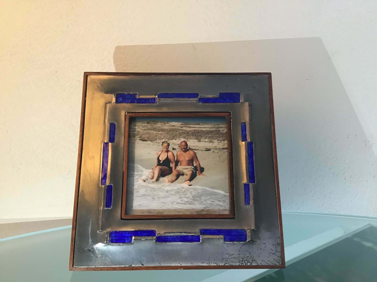 photo vinterior Ottaviani Pucture Frame 925 Silver Enamelled Copper Wood 1960 Italy