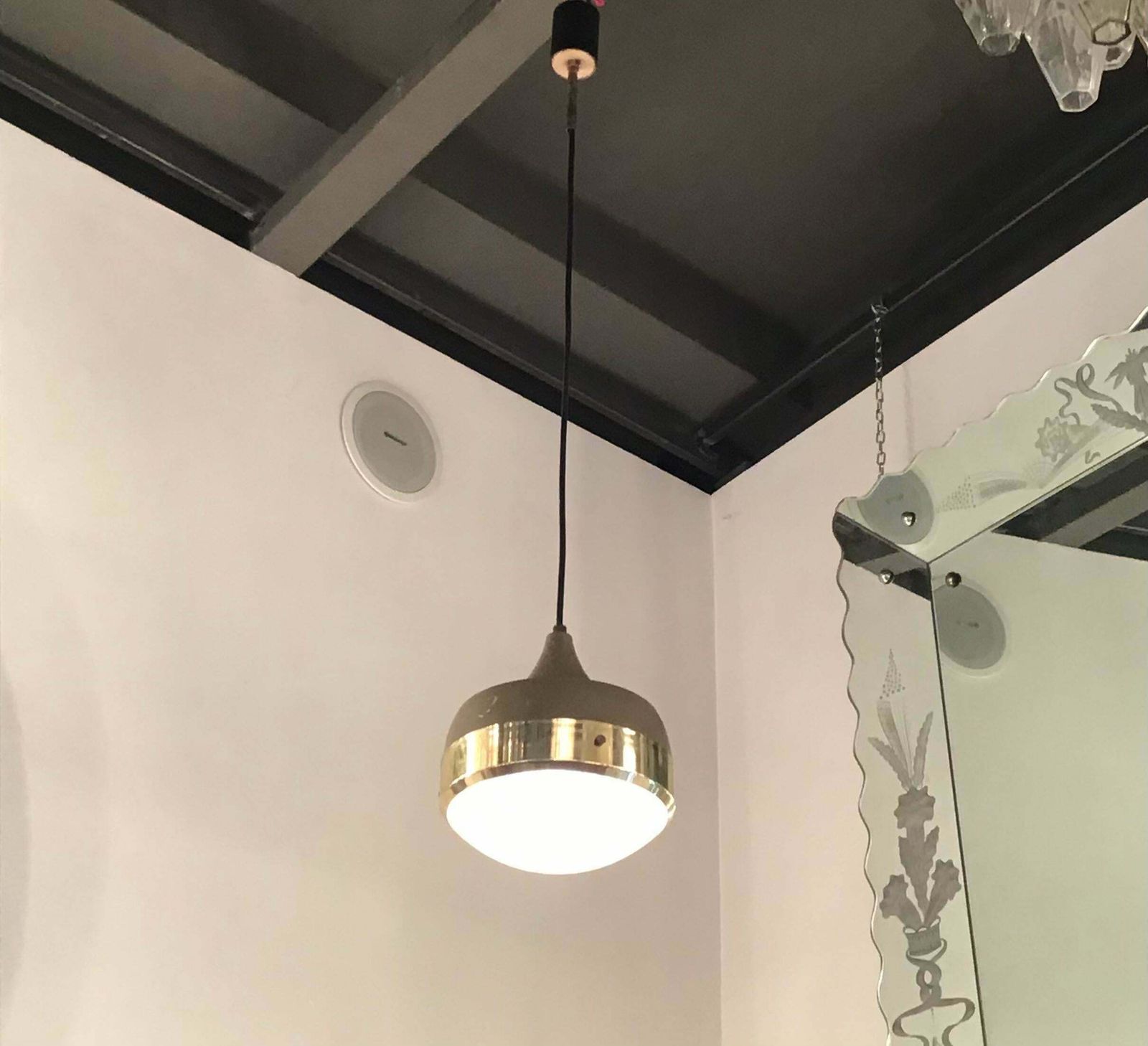 Stilnovo Chandelier Brass Glass Metal, 1960, Italy photo vintage