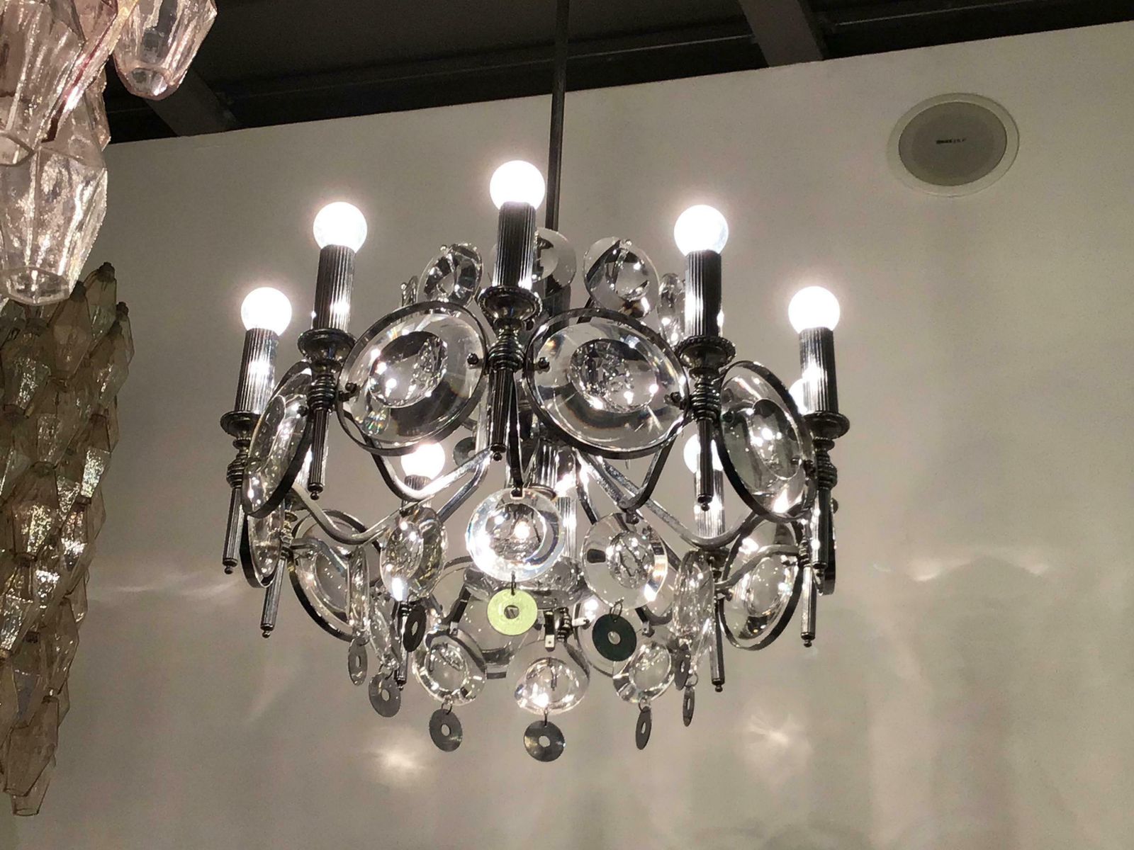 photo furniture Oscar Torlasco Couple Chandelier Glass Metal Chrome 1960 Italy