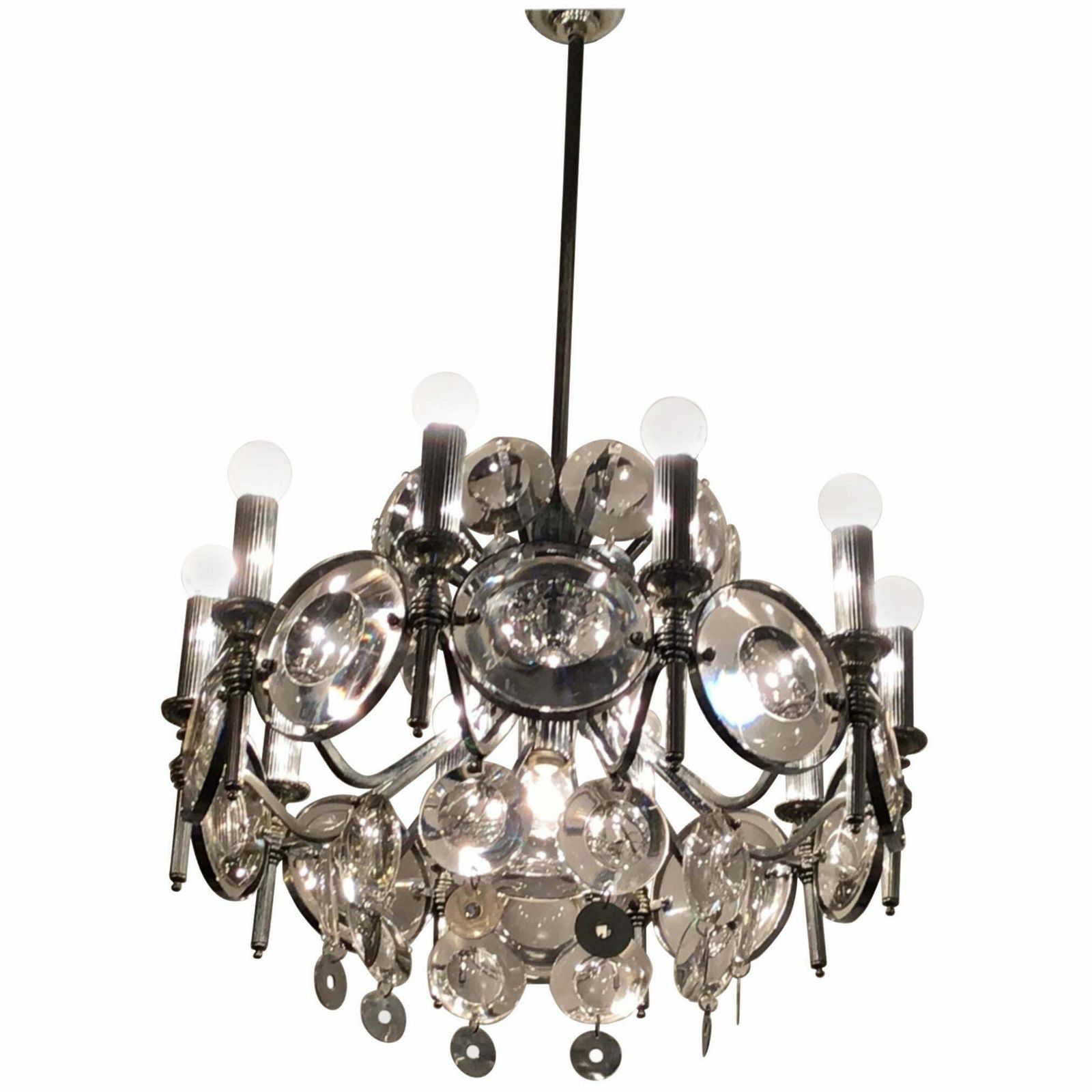 Oscar Torlasco Chandelier Glass Metal Crome 1960 Italy