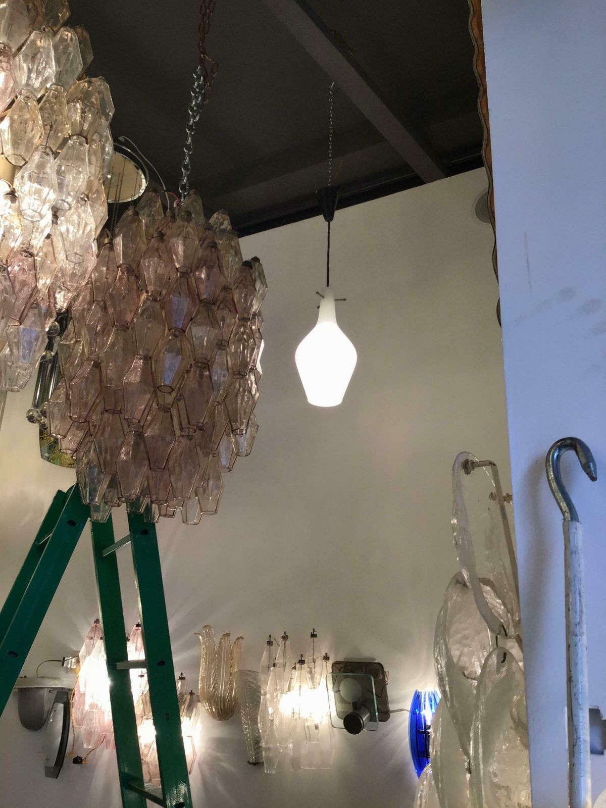 Stilnovo Chandelier Opaline Glass Brass Plex. 1950 Italy photo furniture