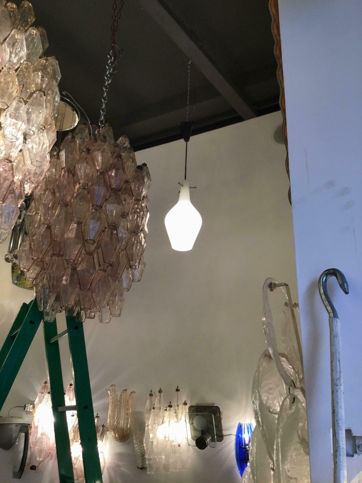 Stilnovo Chandelier Opaline Glass Brass Plex. 1950 Italy photo for sale