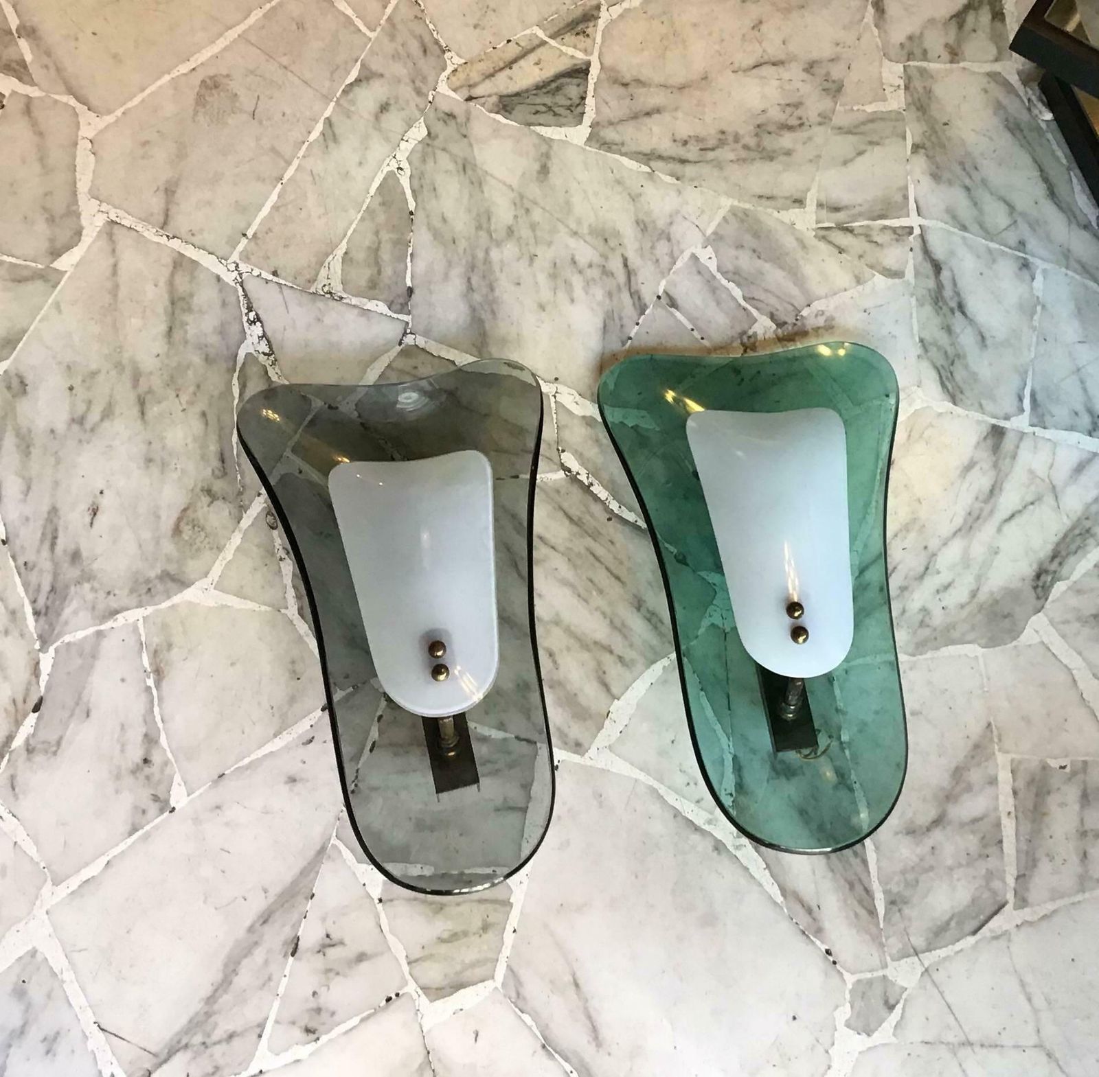 Pair Of Fontana Arte Emerald Green And Greynglass Italian Sconces, 1960 photo vintage
